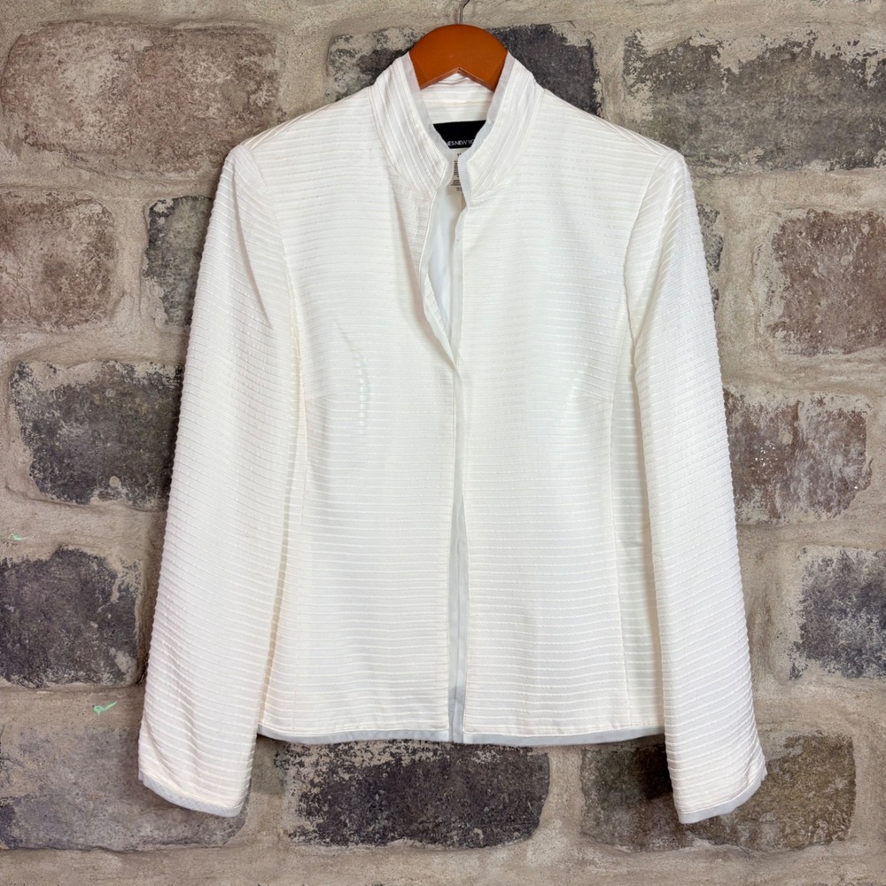 Jones New York Women's 100% Silk Ribbed Blazer Mandarin Collar Off White Size 10